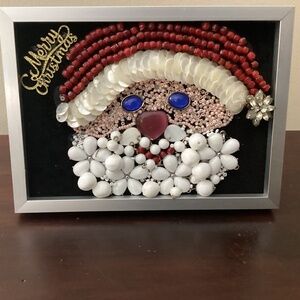 Santa Claus upcycled handmade jewelry art framed mantle wall decor red white fun